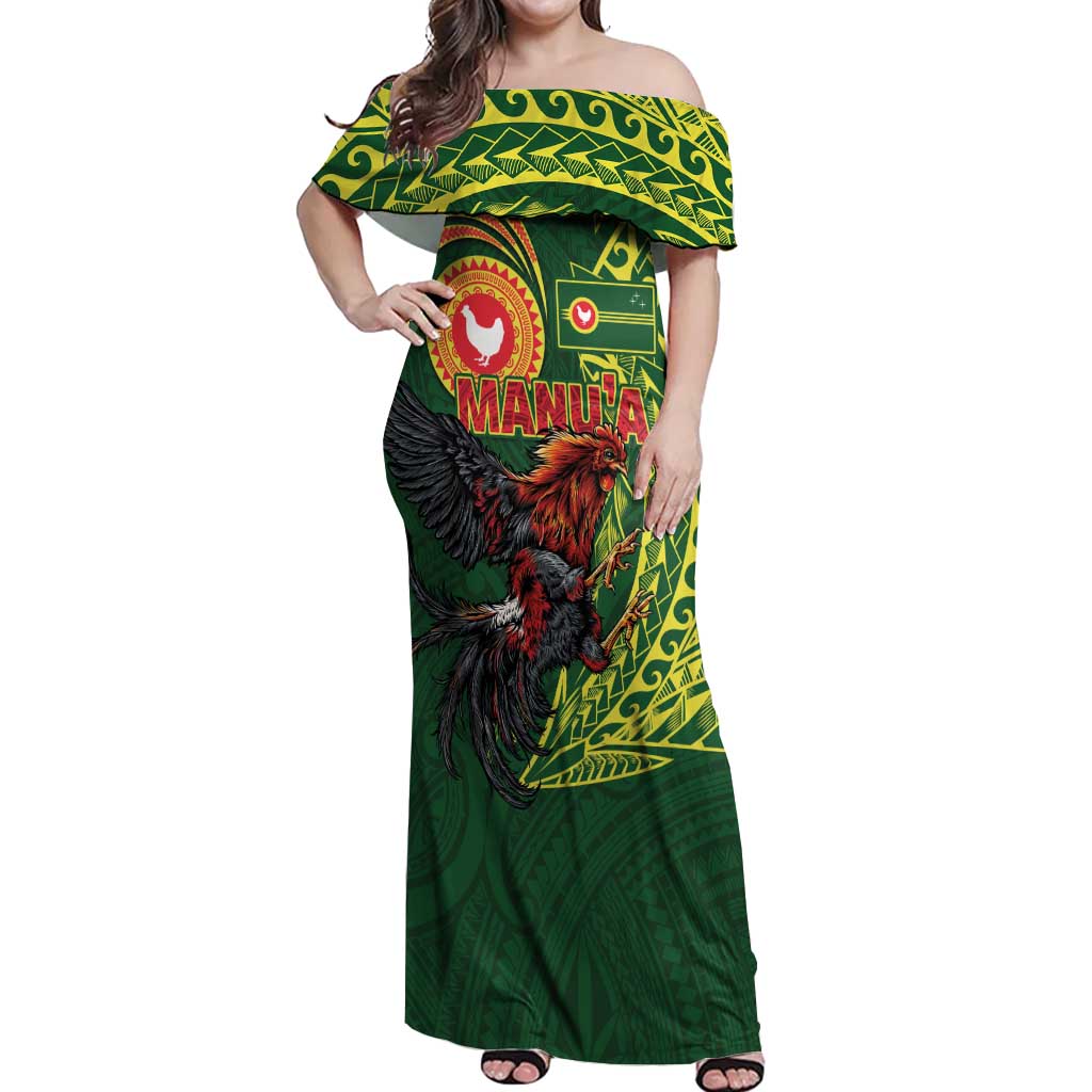 Proud of Manu'a Islands Off Shoulder Maxi Dress Rooster and Polynesian Art Wing Style
