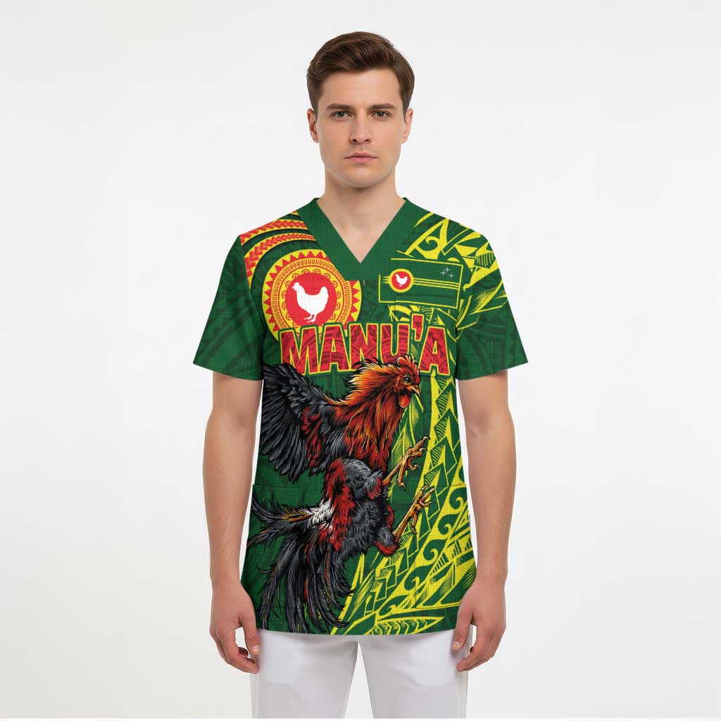 Proud of Manu'a Islands Scrub Top Rooster and Polynesian Art Wing Style - Polynesian Pride