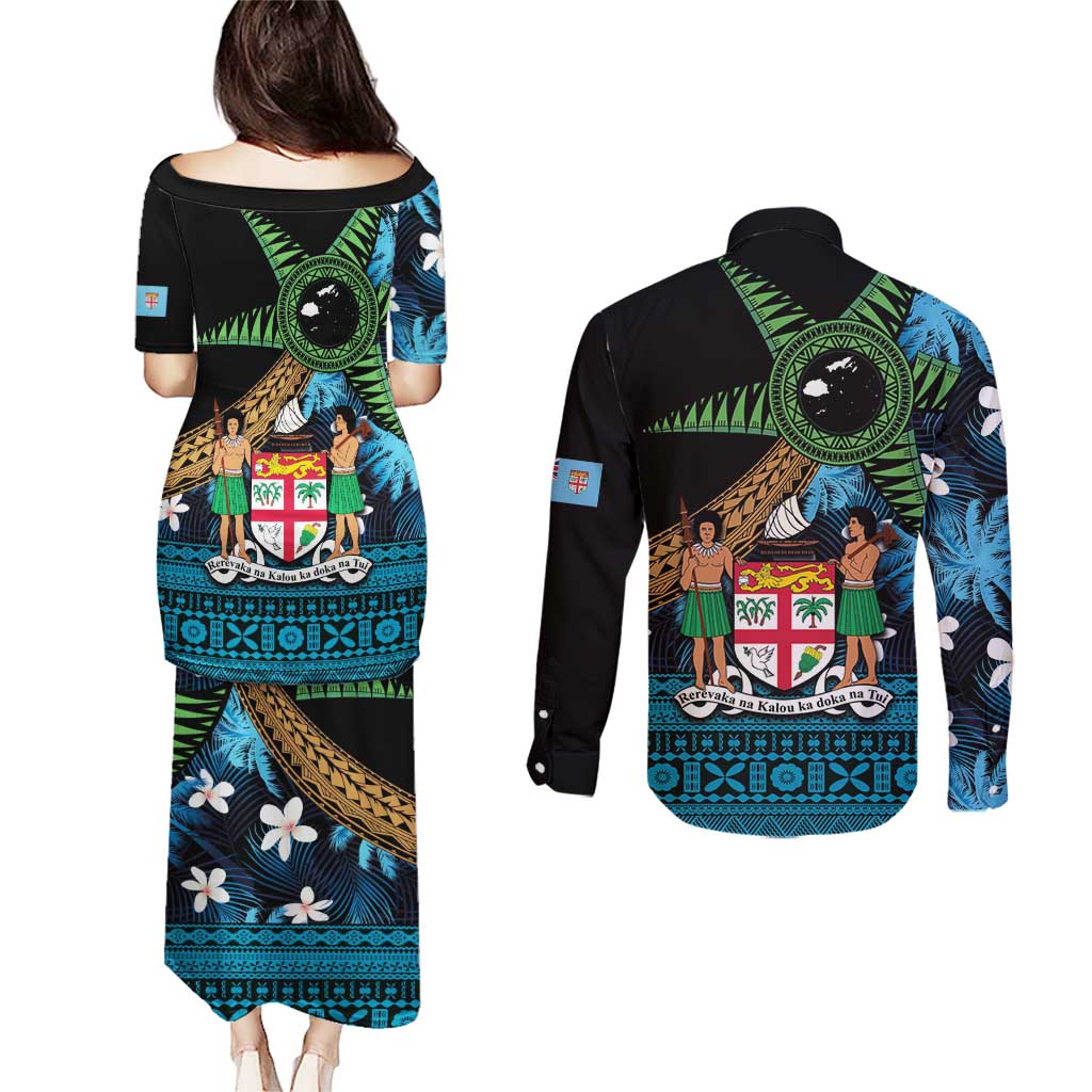 Fiji Day Couples Matching Puletasi and Long Sleeve Button Shirt Palm Tree With Plumeria Tapa Tribal Pattern