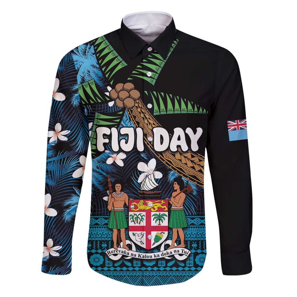 Fiji Day Family Matching Long Sleeve Bodycon Dress and Hawaiian Shirt Palm Tree With Plumeria Tapa Tribal Pattern