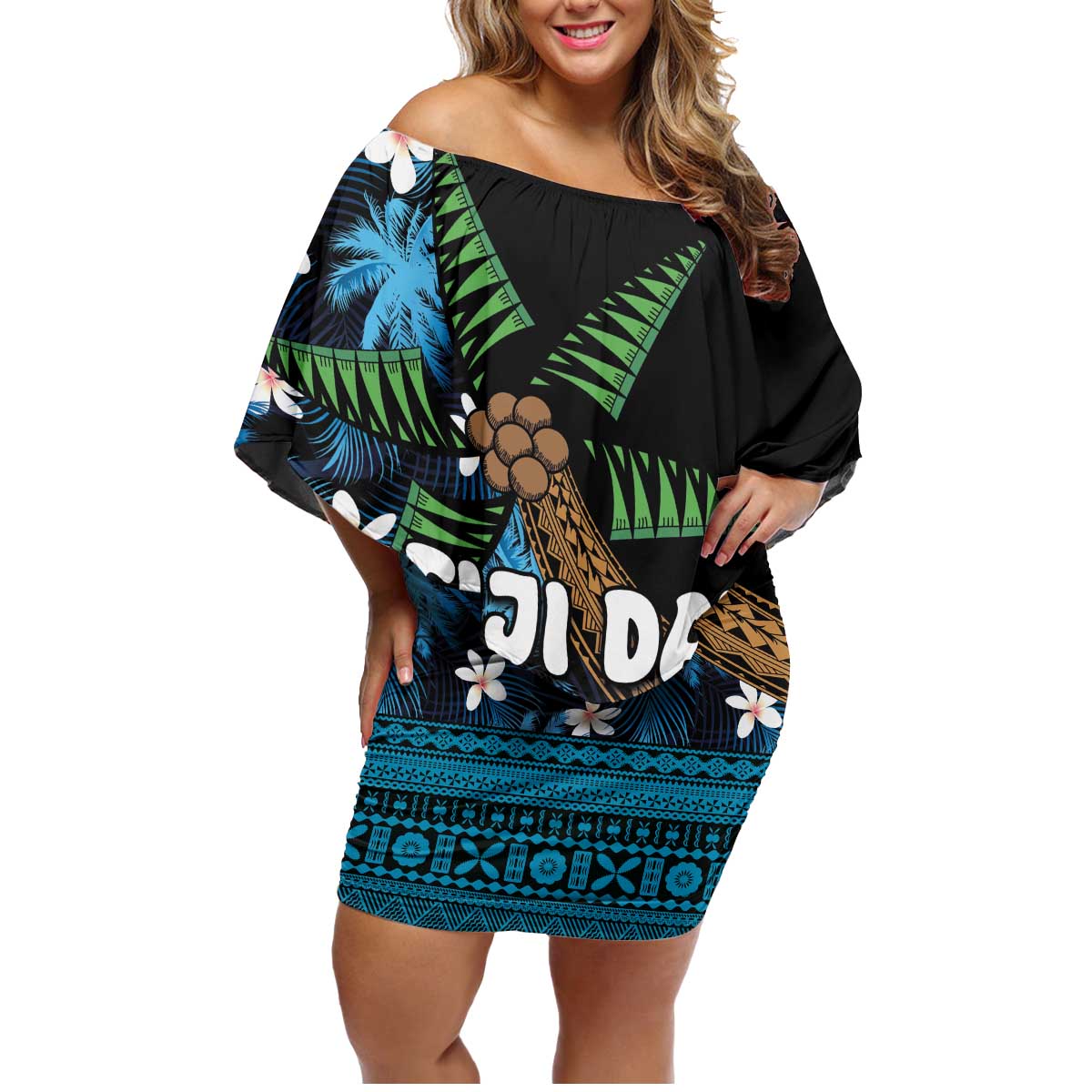 Fiji Day Family Matching Off Shoulder Short Dress and Hawaiian Shirt Palm Tree With Plumeria Tapa Tribal Pattern