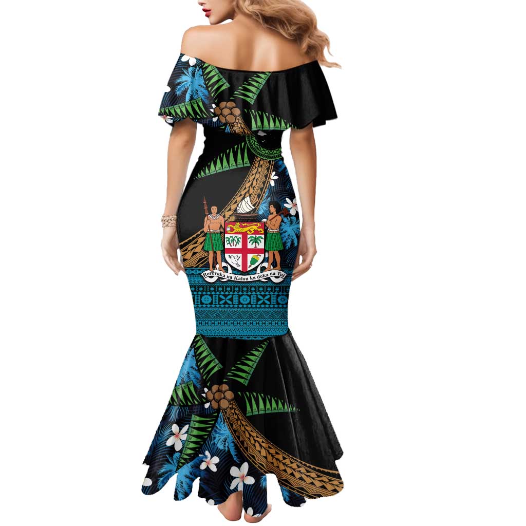 Fiji Day Mermaid Dress Palm Tree With Plumeria Tapa Tribal Pattern
