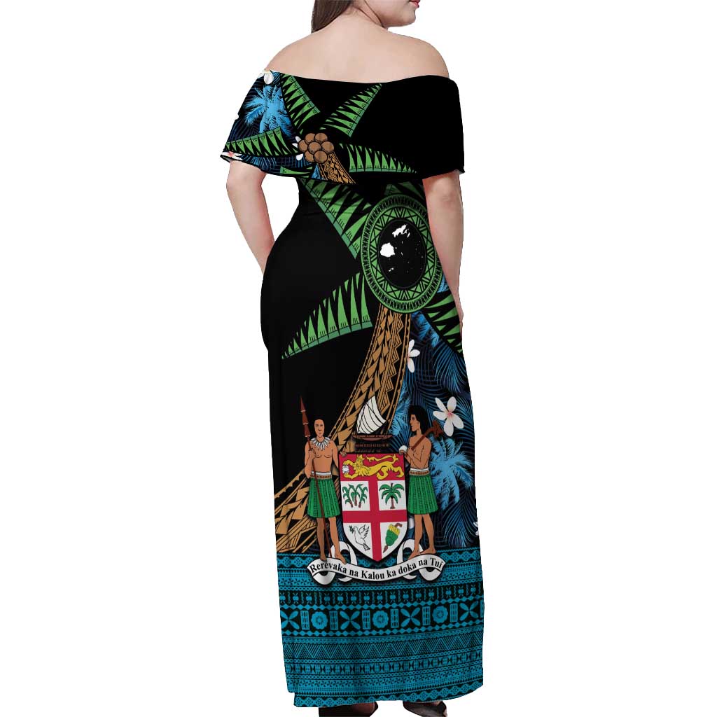 Fiji Day Off Shoulder Maxi Dress Palm Tree With Plumeria Tapa Tribal Pattern