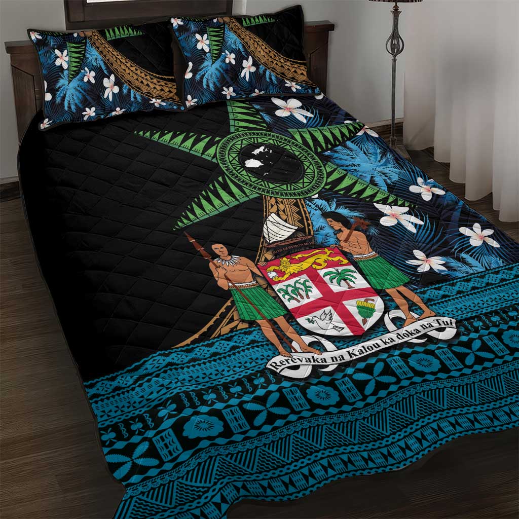 Fiji Day Quilt Bed Set Palm Tree With Plumeria Tapa Tribal Pattern