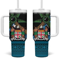 Fiji Day Tumbler With Handle Palm Tree With Plumeria Tapa Tribal Pattern