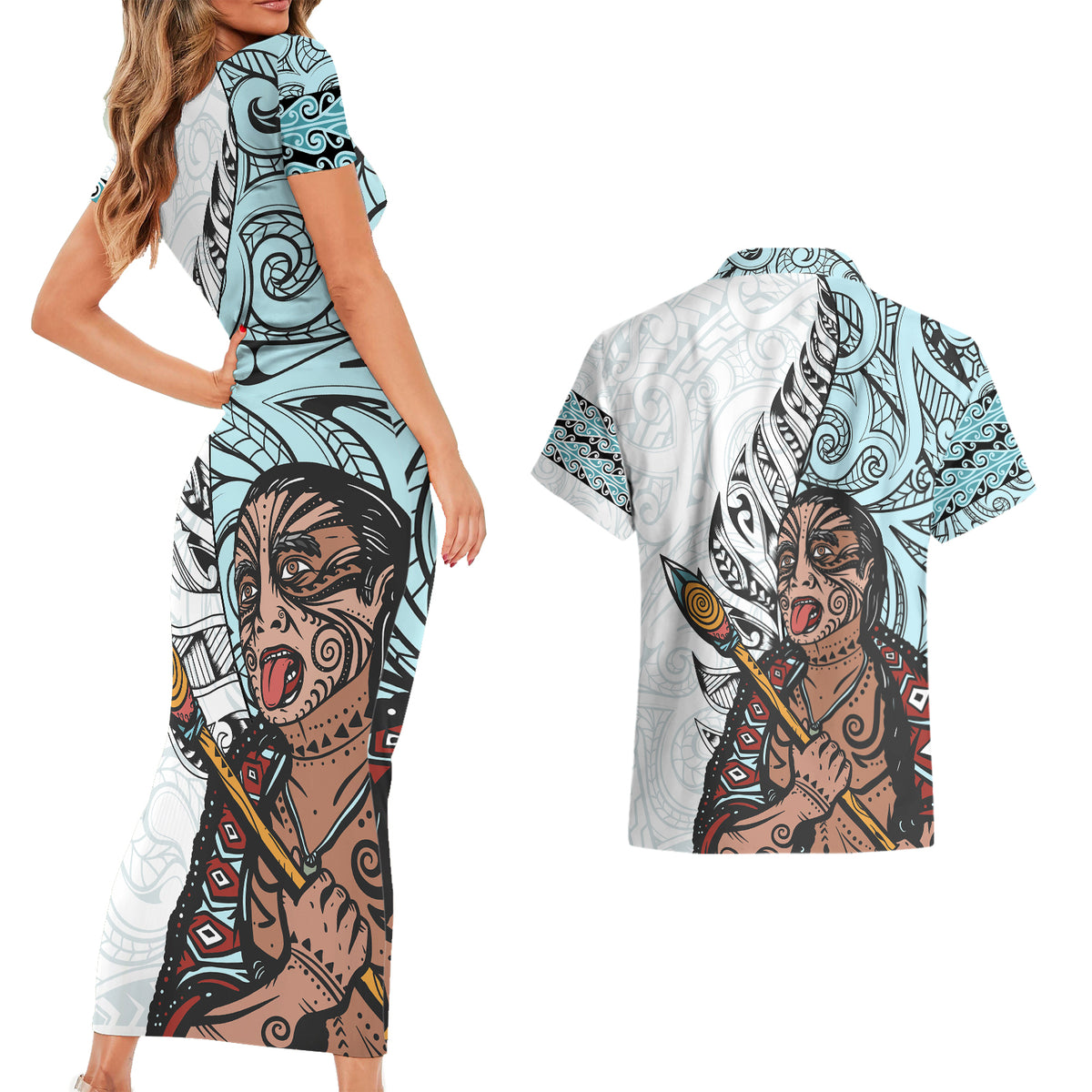 Maori Warrior Couples Matching Short Sleeve Bodycon Dress and Hawaiian Shirt Silver Fern New Zealand Map With Kowhaiwhai Pattern LT03 - Polynesian Pride
