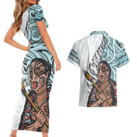 Maori Warrior Couples Matching Short Sleeve Bodycon Dress and Hawaiian Shirt Silver Fern New Zealand Map With Kowhaiwhai Pattern LT03 - Polynesian Pride