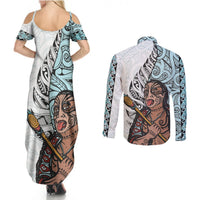Maori Warrior Couples Matching Summer Maxi Dress and Long Sleeve Button Shirts Silver Fern New Zealand Map With Kowhaiwhai Pattern LT03 - Polynesian Pride