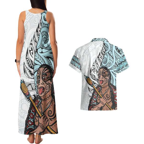 Maori Warrior Couples Matching Off Shoulder Maxi Dress and Hawaiian Shirt Silver Fern New Zealand Map With Kowhaiwhai Pattern LT03 main image 1