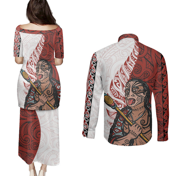 New Zealand Couples Matching Puletasi Dress and Long Sleeve Button Shirts Silver Fern and Hei Tiki with Papua Shell Maori Tribal LT03 main image 1