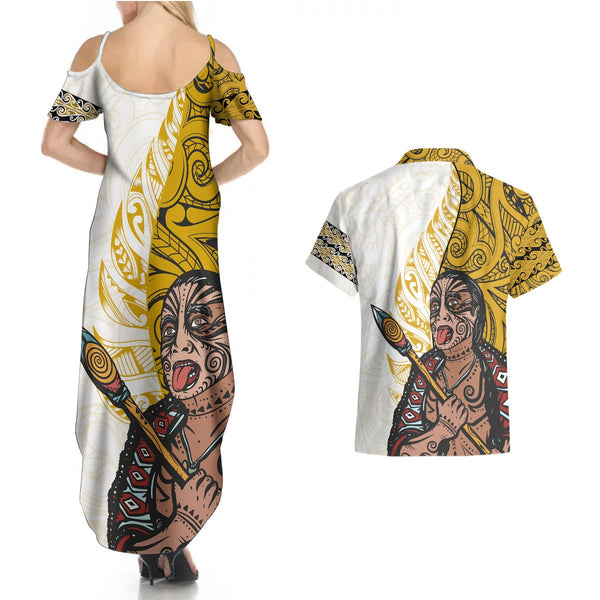 Maori Warrior Couples Matching Off Shoulder Maxi Dress and Hawaiian Shirt Silver Fern New Zealand Map With Kowhaiwhai Pattern LT03