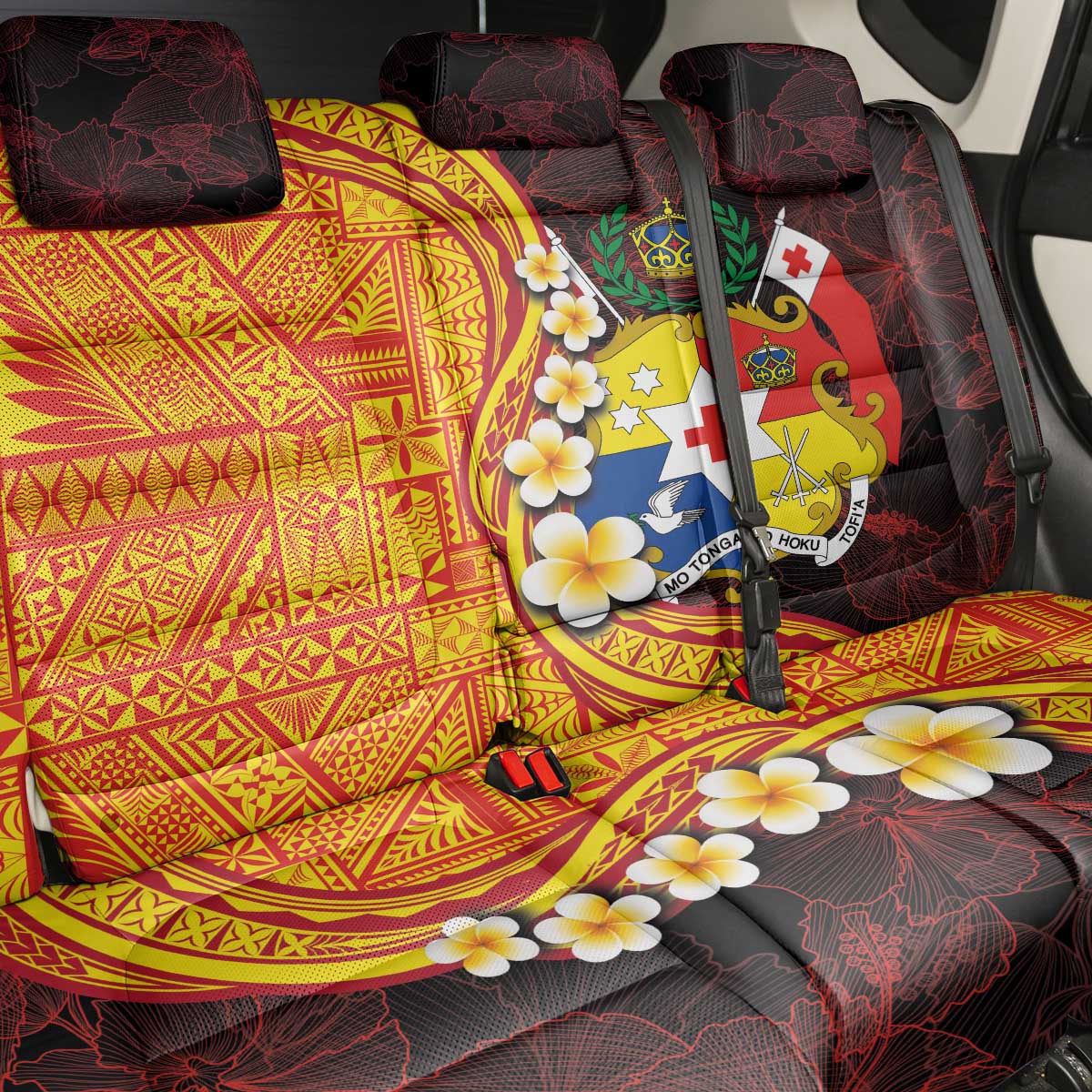 Tonga Culture Back Car Seat Cover Ngatu Pattern with Plumeria and Hibiscus LT03 - Polynesian Pride
