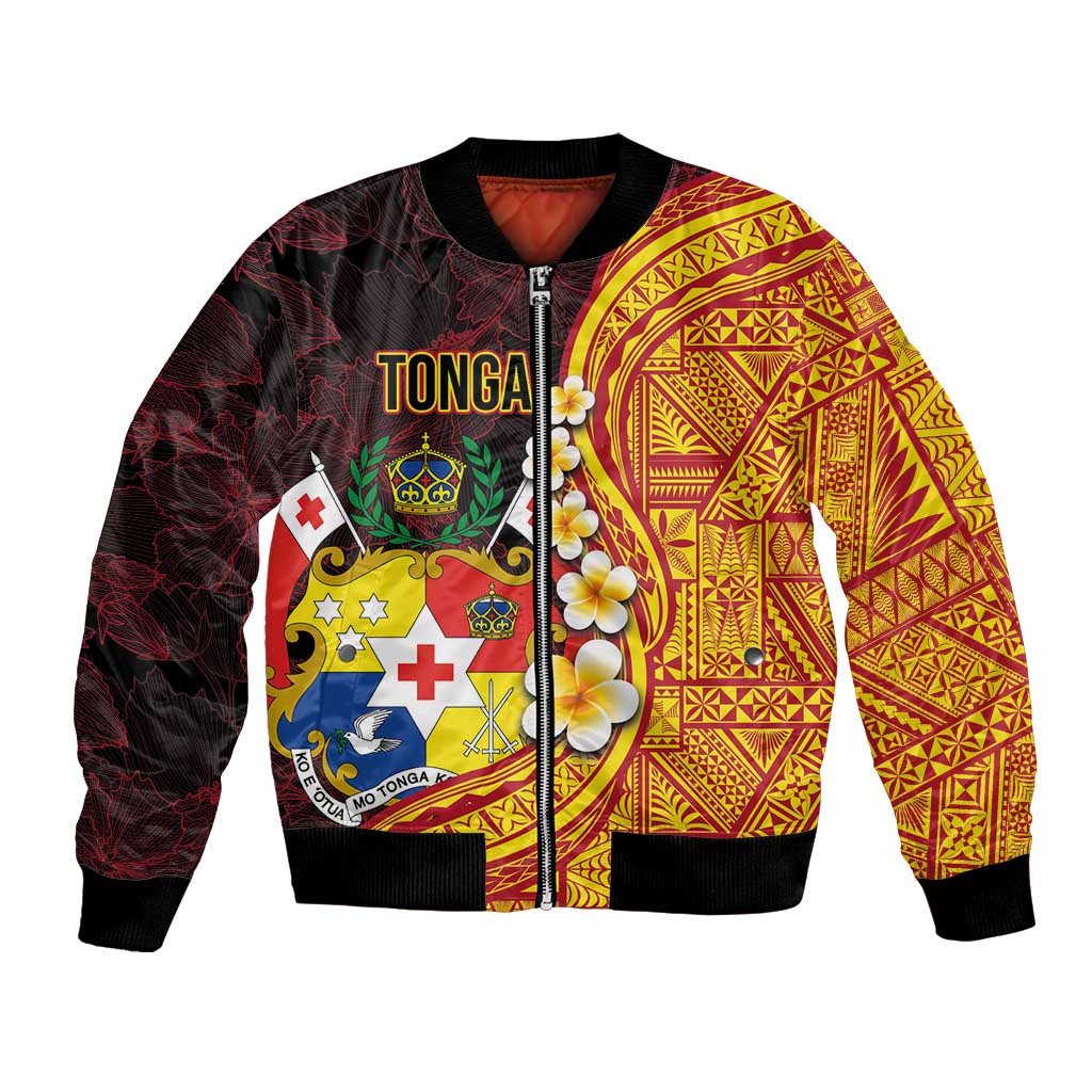Tonga Culture Bomber Jacket Ngatu Pattern with Plumeria and Hibiscus LT03 Unisex Black - Polynesian Pride