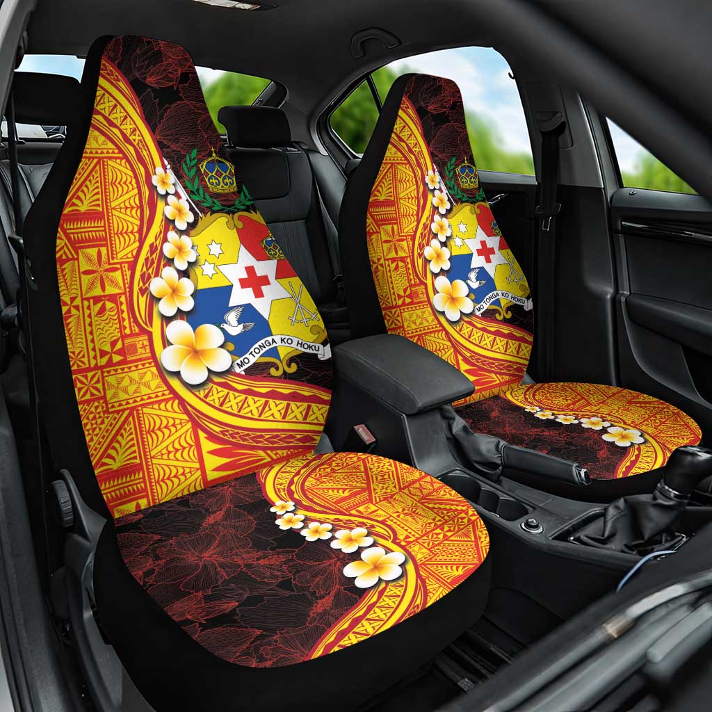 Tonga Culture Car Seat Cover Ngatu Pattern with Plumeria and Hibiscus LT03 One Size Black - Polynesian Pride