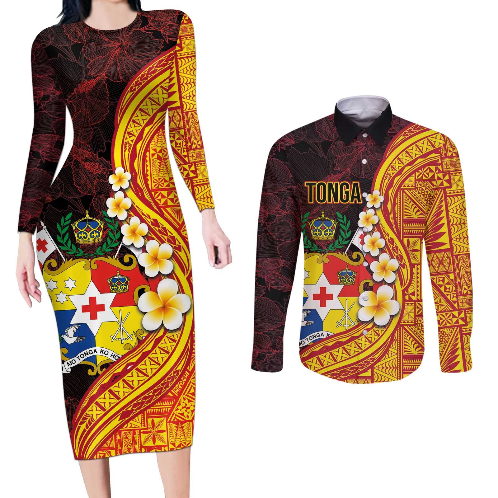 Tonga Culture Couples Matching Long Sleeve Bodycon Dress and Long Sleeve Button Shirt Ngatu Pattern with Plumeria and Hibiscus LT03 Black - Polynesian Pride