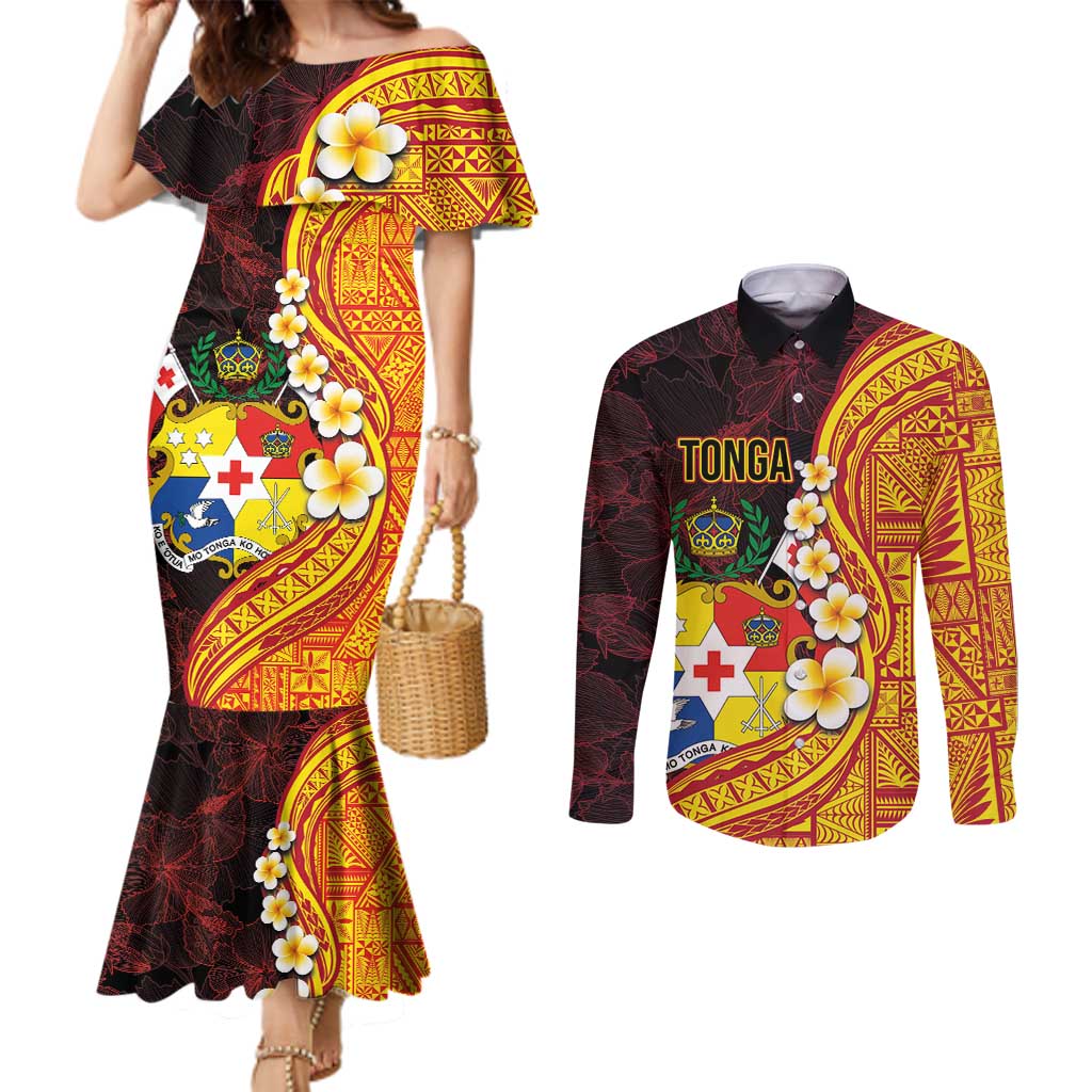 Tonga Culture Couples Matching Mermaid Dress and Long Sleeve Button Shirt Ngatu Pattern with Plumeria and Hibiscus LT03 Black - Polynesian Pride