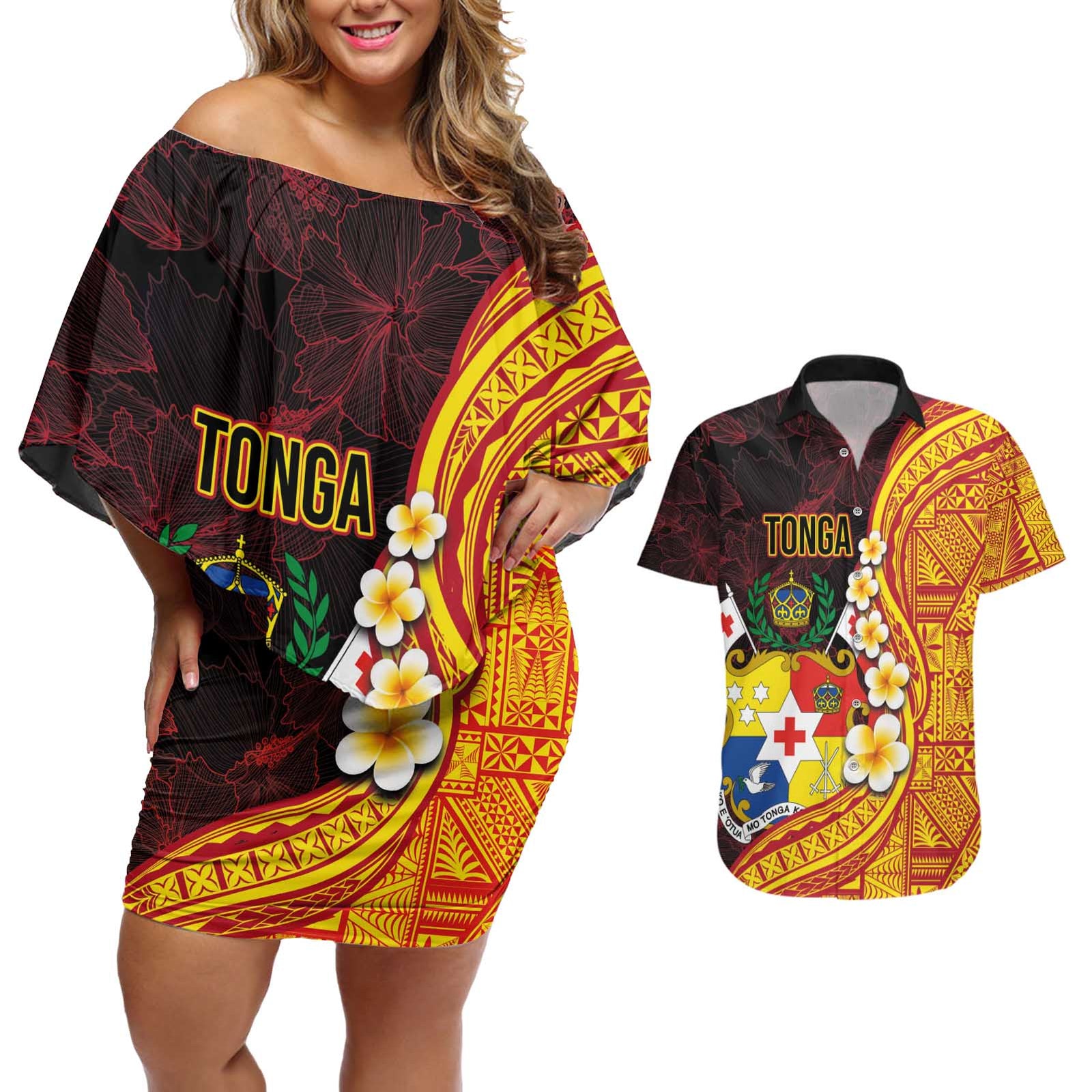 Tonga Culture Couples Matching Off Shoulder Short Dress and Hawaiian Shirt Ngatu Pattern with Plumeria and Hibiscus LT03 Black - Polynesian Pride