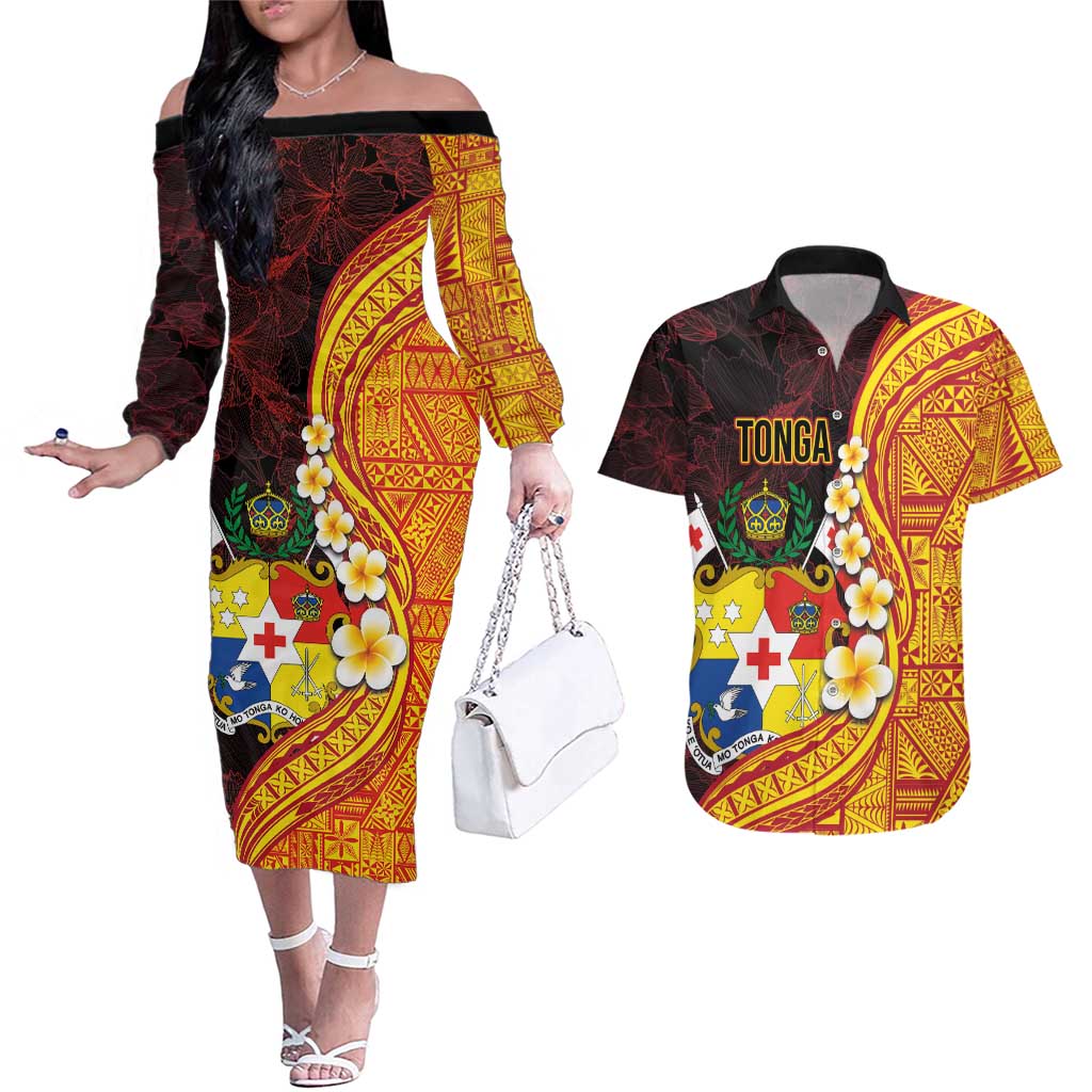 Tonga Culture Couples Matching Off The Shoulder Long Sleeve Dress and Hawaiian Shirt Ngatu Pattern with Plumeria and Hibiscus LT03 Black - Polynesian Pride