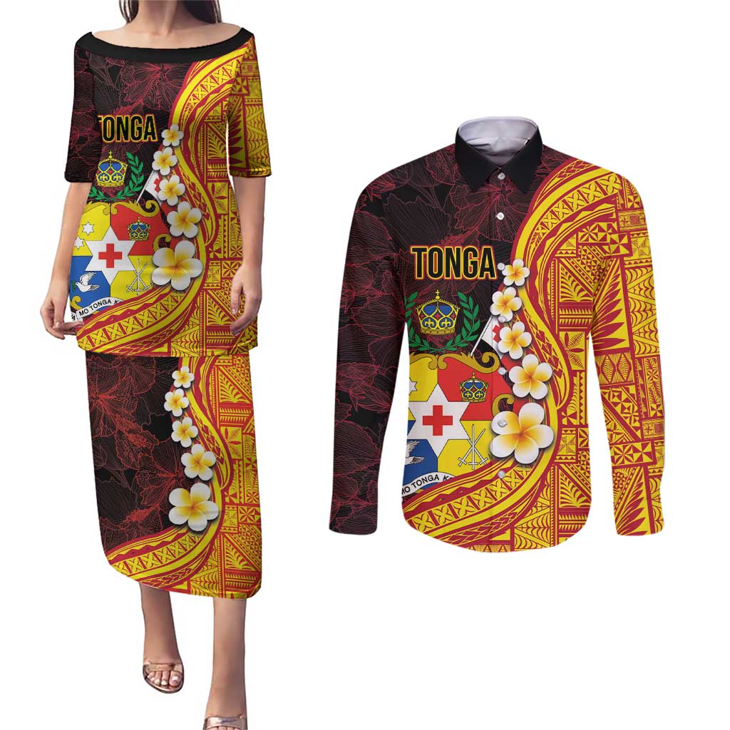 Tonga Culture Couples Matching Puletasi and Long Sleeve Button Shirt Ngatu Pattern with Plumeria and Hibiscus LT03 Black - Polynesian Pride