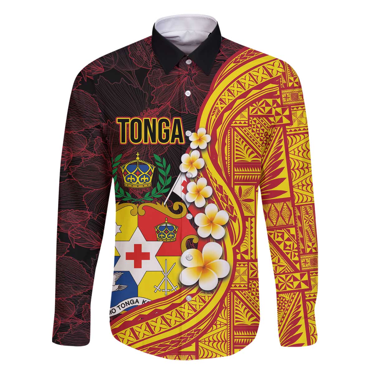 Tonga Culture Family Matching Off Shoulder Short Dress and Hawaiian Shirt Ngatu Pattern with Plumeria and Hibiscus LT03 Dad's Shirt - Long Sleeve Black - Polynesian Pride