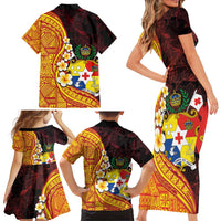 Tonga Culture Family Matching Short Sleeve Bodycon Dress and Hawaiian Shirt Ngatu Pattern with Plumeria and Hibiscus