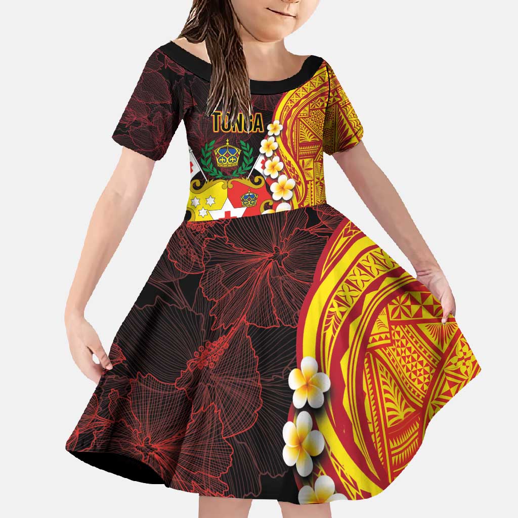 Tonga Culture Family Matching Tank Maxi Dress and Hawaiian Shirt Ngatu Pattern with Plumeria and Hibiscus LT03 Daughter's Dress Black - Polynesian Pride