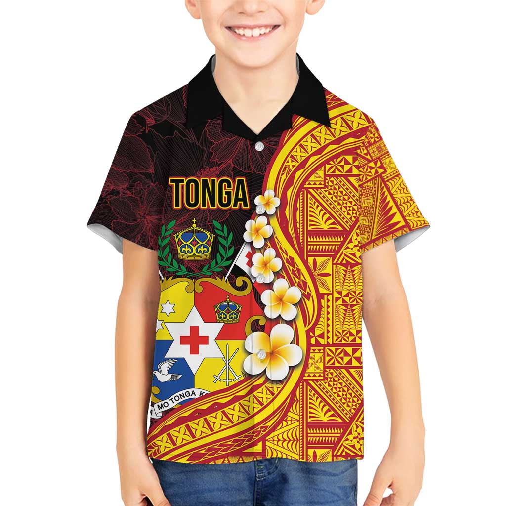 Tonga Culture Family Matching Tank Maxi Dress and Hawaiian Shirt Ngatu Pattern with Plumeria and Hibiscus LT03 Son's Shirt Black - Polynesian Pride