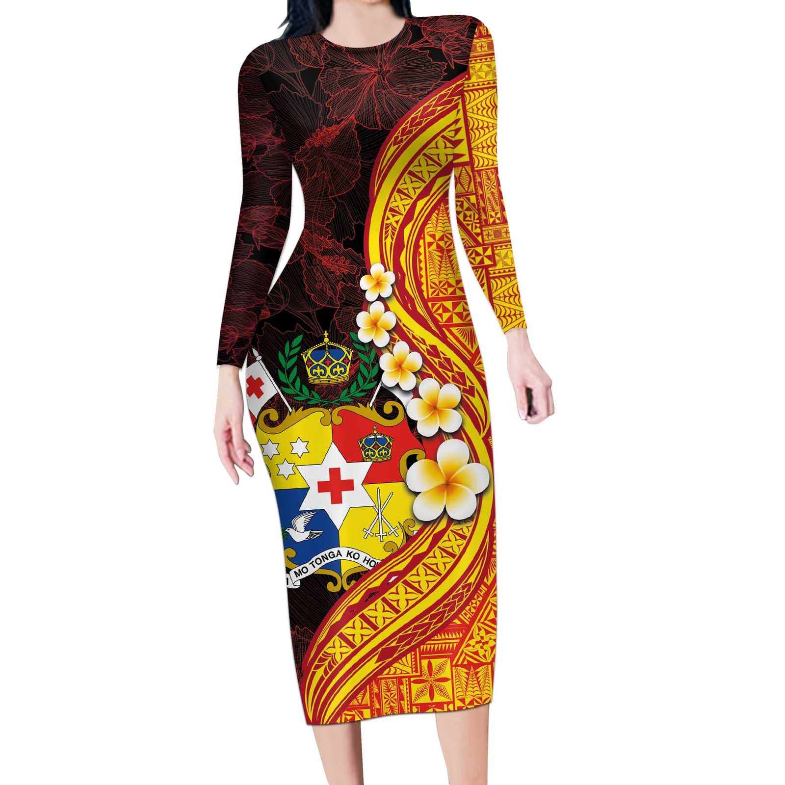 Tonga Culture Long Sleeve Bodycon Dress Ngatu Pattern with Plumeria and Hibiscus LT03 Long Dress Black - Polynesian Pride
