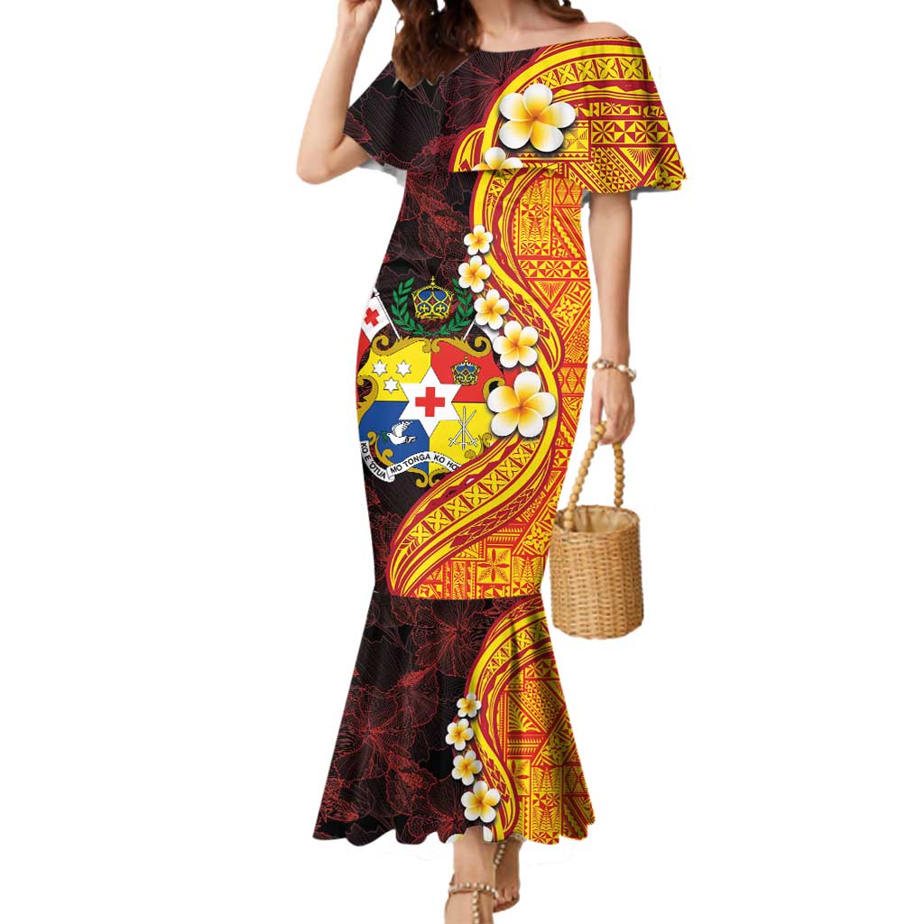 Tonga Culture Mermaid Dress Ngatu Pattern with Plumeria and Hibiscus LT03 Women Black - Polynesian Pride