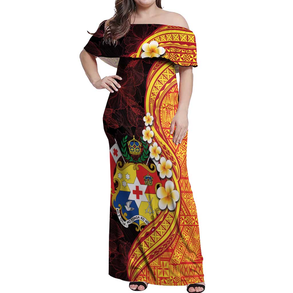 Tonga Culture Off Shoulder Maxi Dress Ngatu Pattern with Plumeria and Hibiscus LT03 Women Black - Polynesian Pride