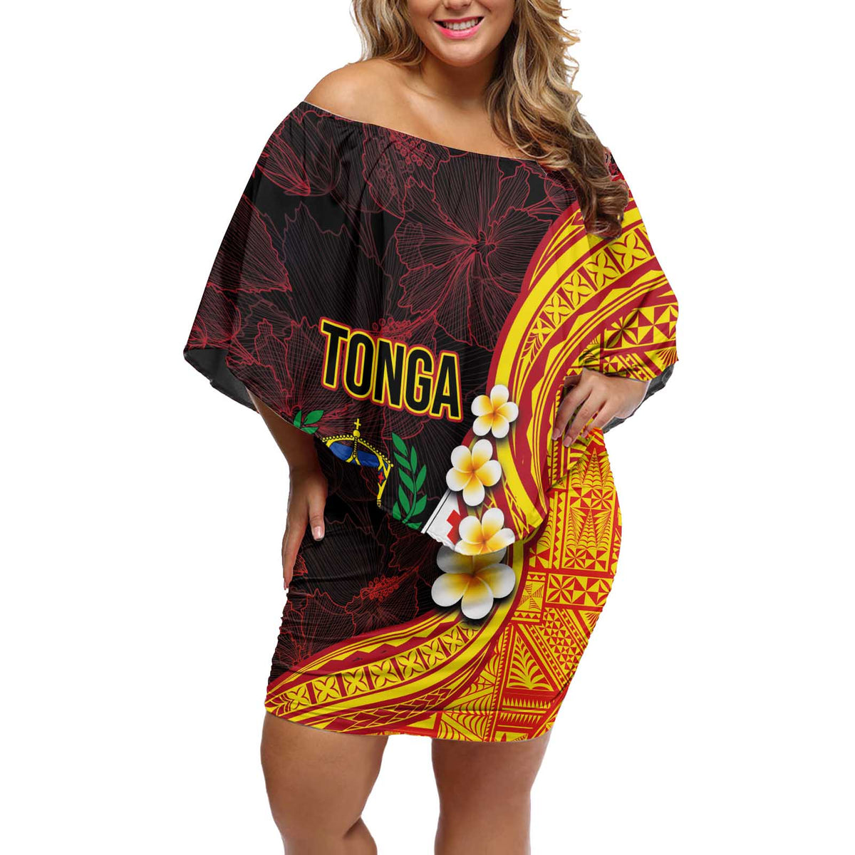 Tonga Culture Off Shoulder Short Dress Ngatu Pattern with Plumeria and Hibiscus LT03 Women Black - Polynesian Pride