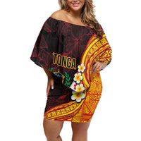 Tonga Culture Off Shoulder Short Dress Ngatu Pattern with Plumeria and Hibiscus LT03 Women Black - Polynesian Pride