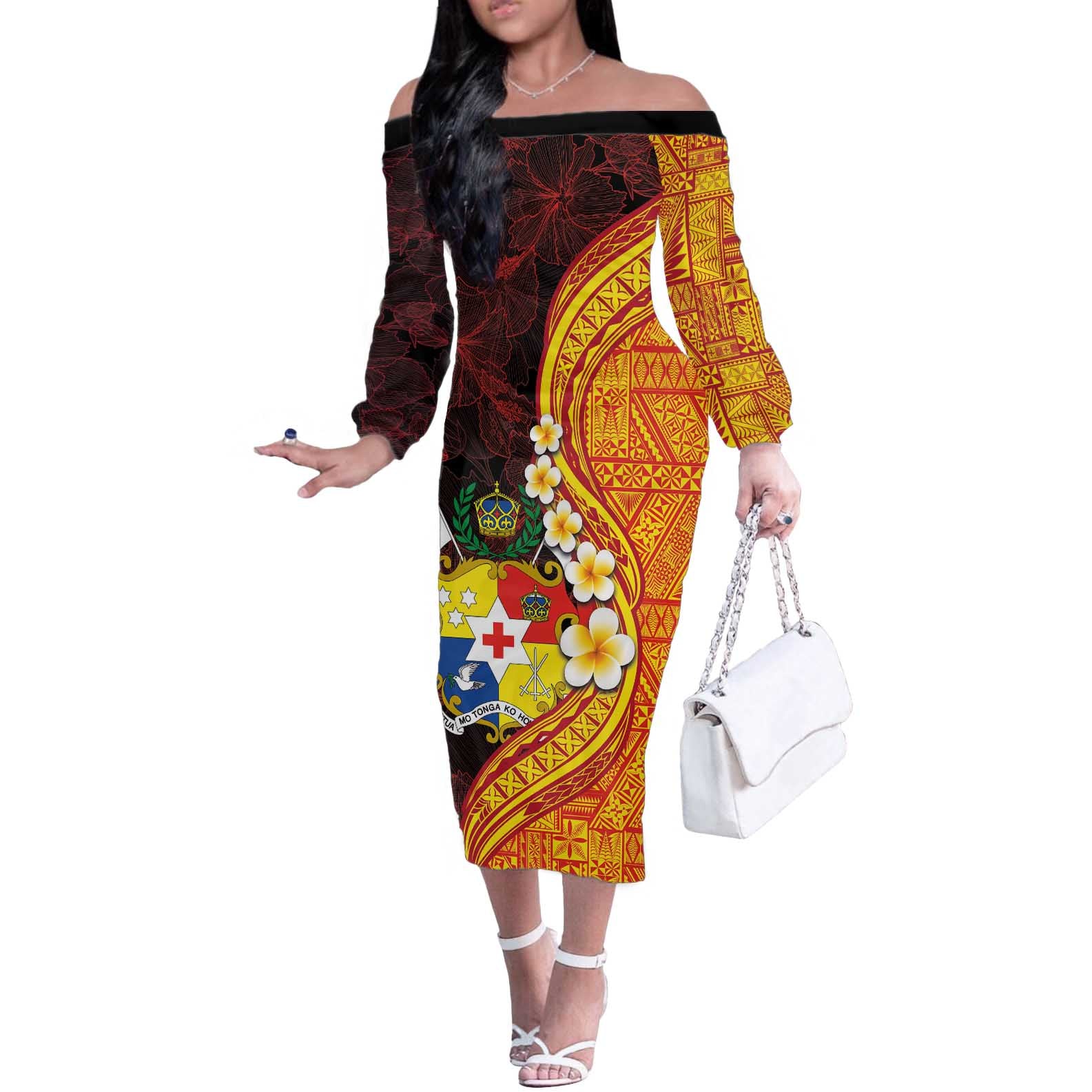 Tonga Culture Off The Shoulder Long Sleeve Dress Ngatu Pattern with Plumeria and Hibiscus LT03 Women Black - Polynesian Pride