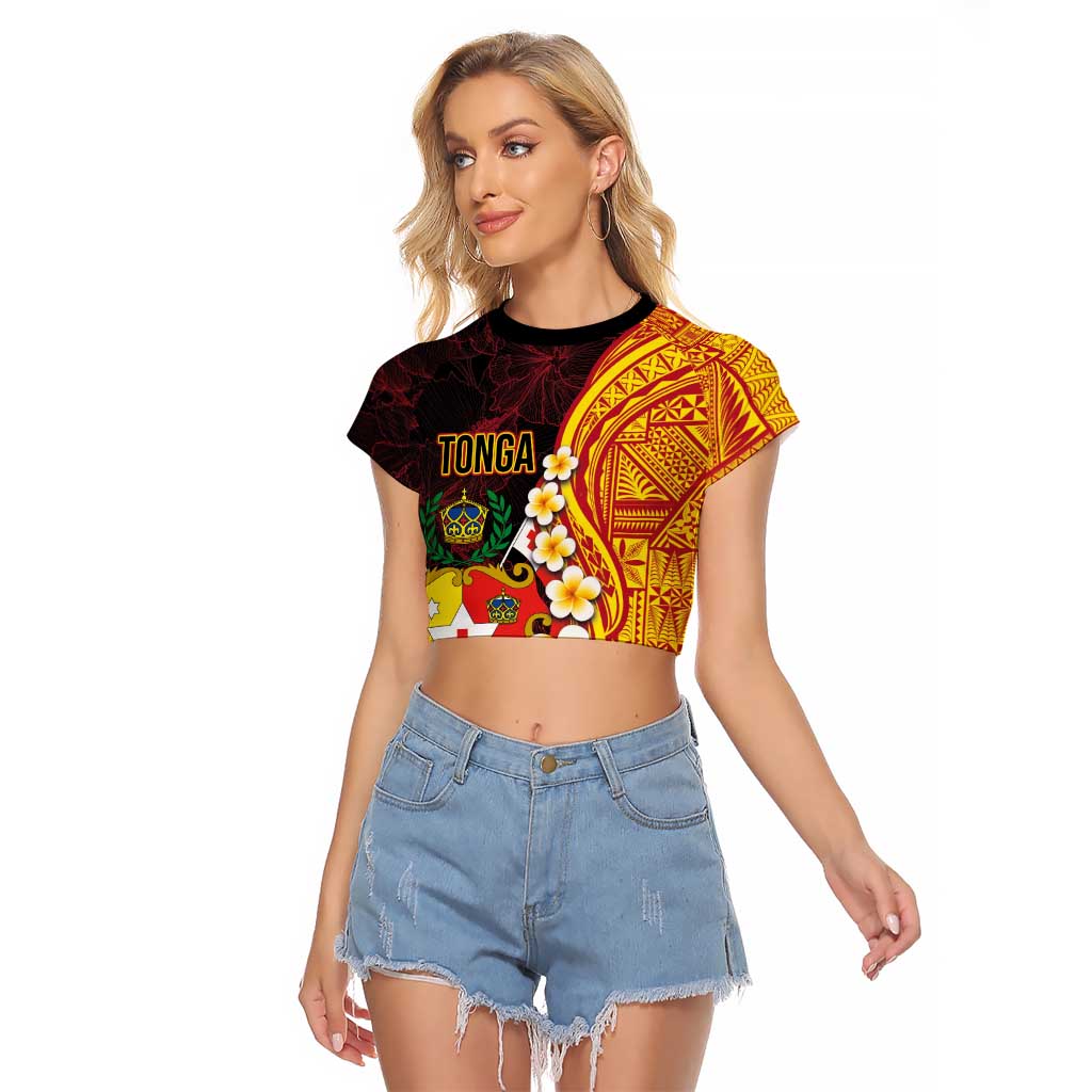 Tonga Culture Raglan Cropped T Shirt Ngatu Pattern with Plumeria and Hibiscus LT03 Female Black - Polynesian Pride