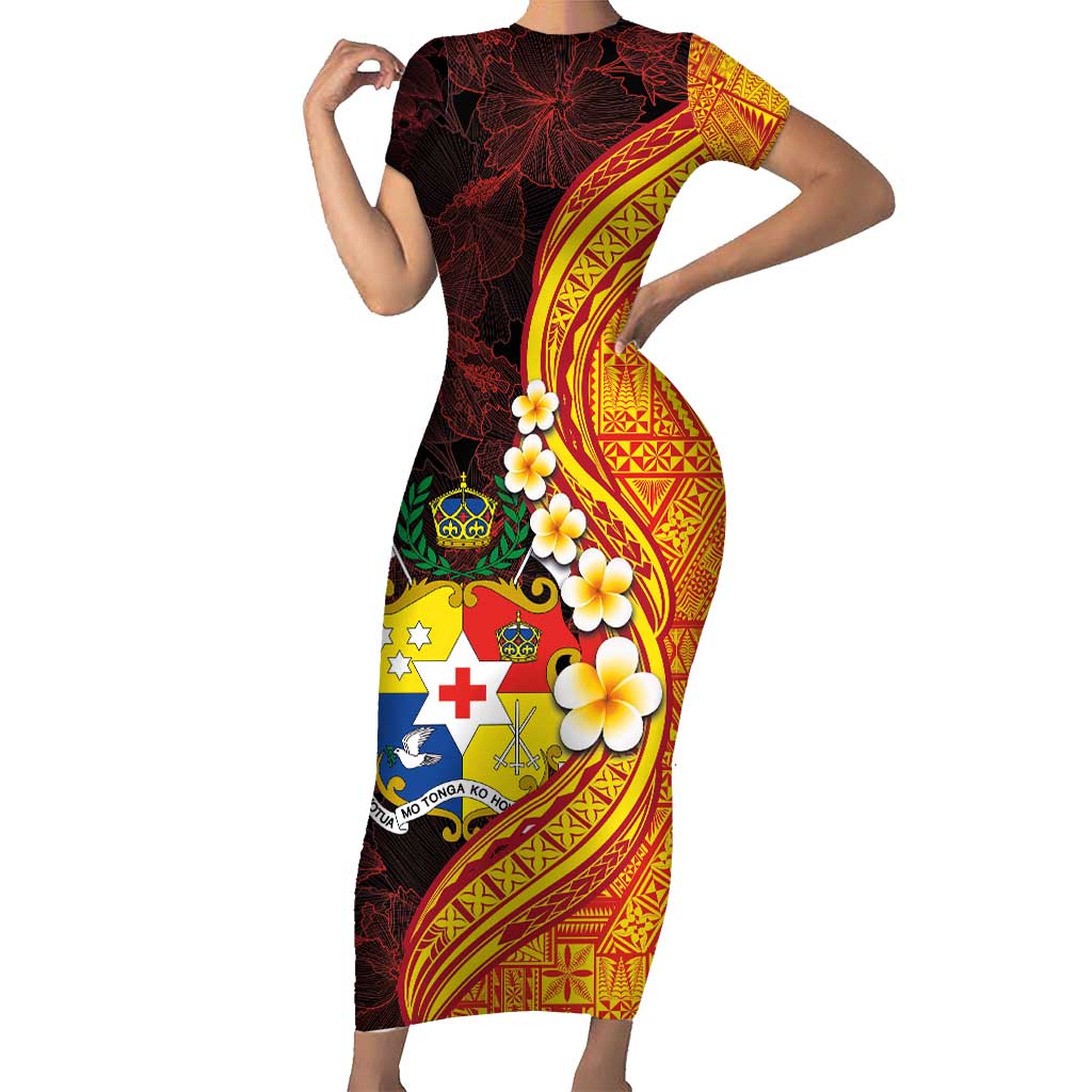 Tonga Culture Short Sleeve Bodycon Dress Ngatu Pattern with Plumeria and Hibiscus LT03 Long Dress Black - Polynesian Pride