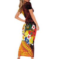 Tonga Culture Short Sleeve Bodycon Dress Ngatu Pattern with Plumeria and Hibiscus LT03 - Polynesian Pride