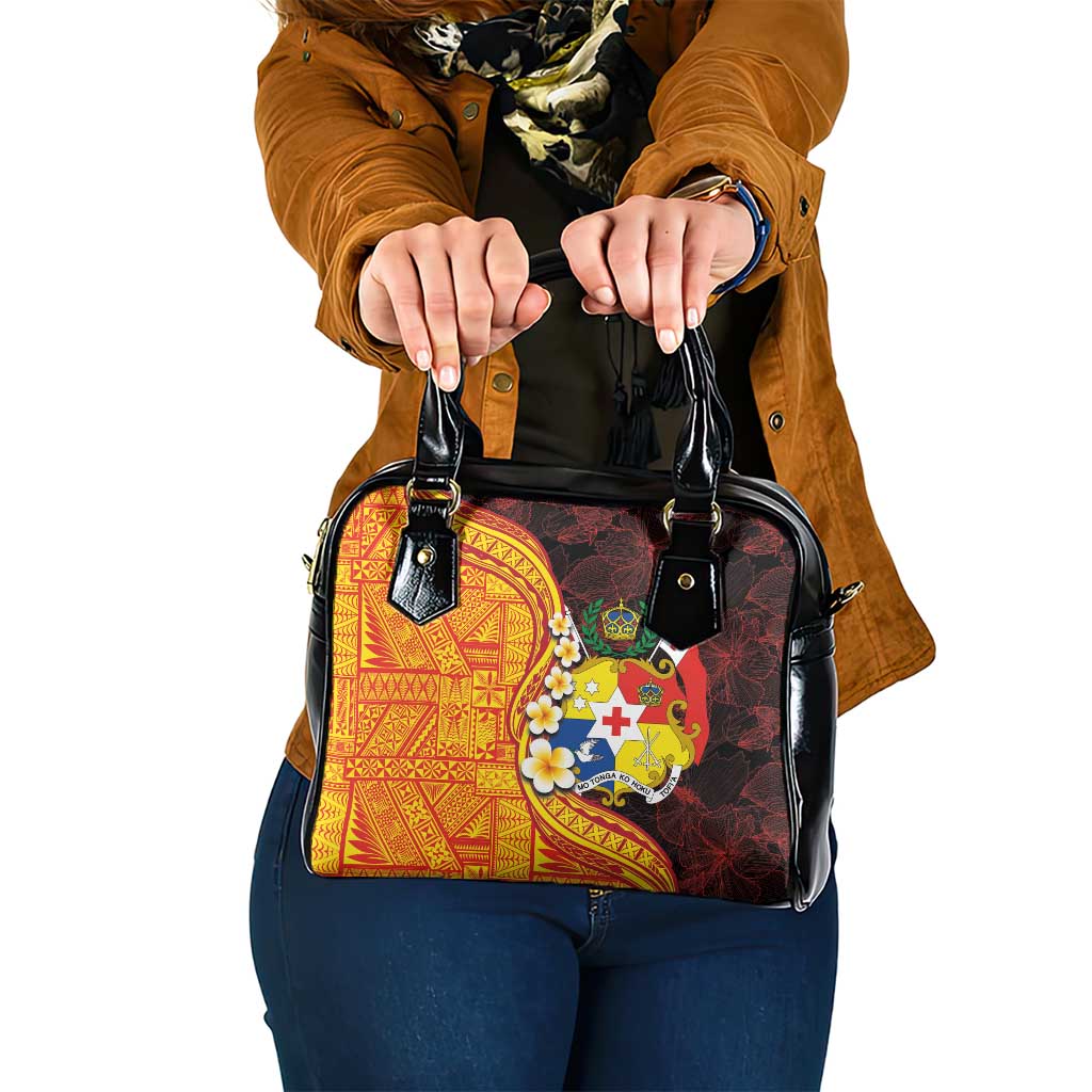 Tonga Culture Shoulder Handbag Ngatu Pattern with Plumeria and Hibiscus LT03 One Size Black - Polynesian Pride