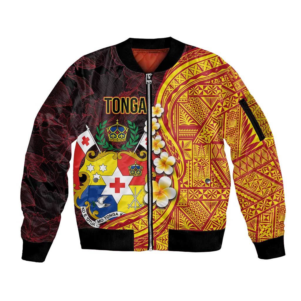 Tonga Culture Sleeve Zip Bomber Jacket Ngatu Pattern with Plumeria and Hibiscus LT03 Unisex Black - Polynesian Pride