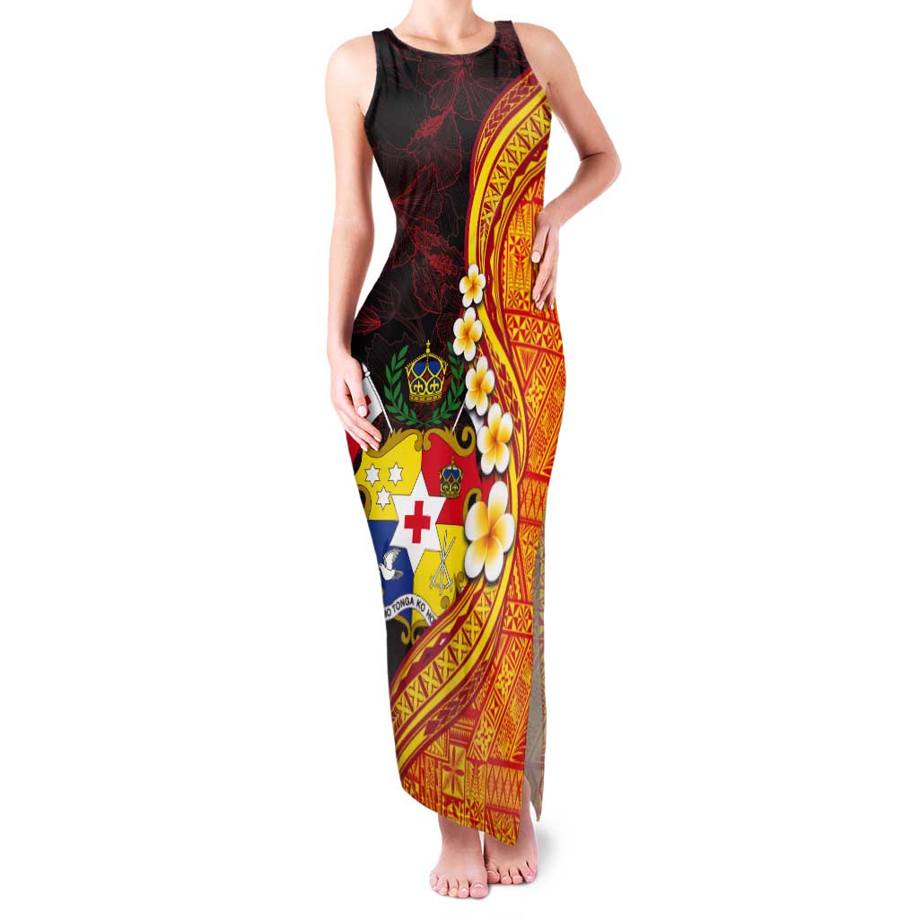 Tonga Culture Tank Maxi Dress Ngatu Pattern with Plumeria and Hibiscus LT03 Women Black - Polynesian Pride