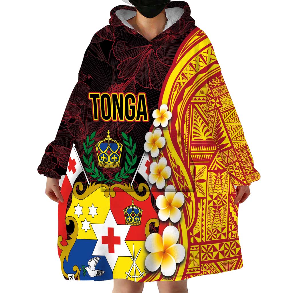 Tonga Culture Wearable Blanket Hoodie Ngatu Pattern with Plumeria and Hibiscus