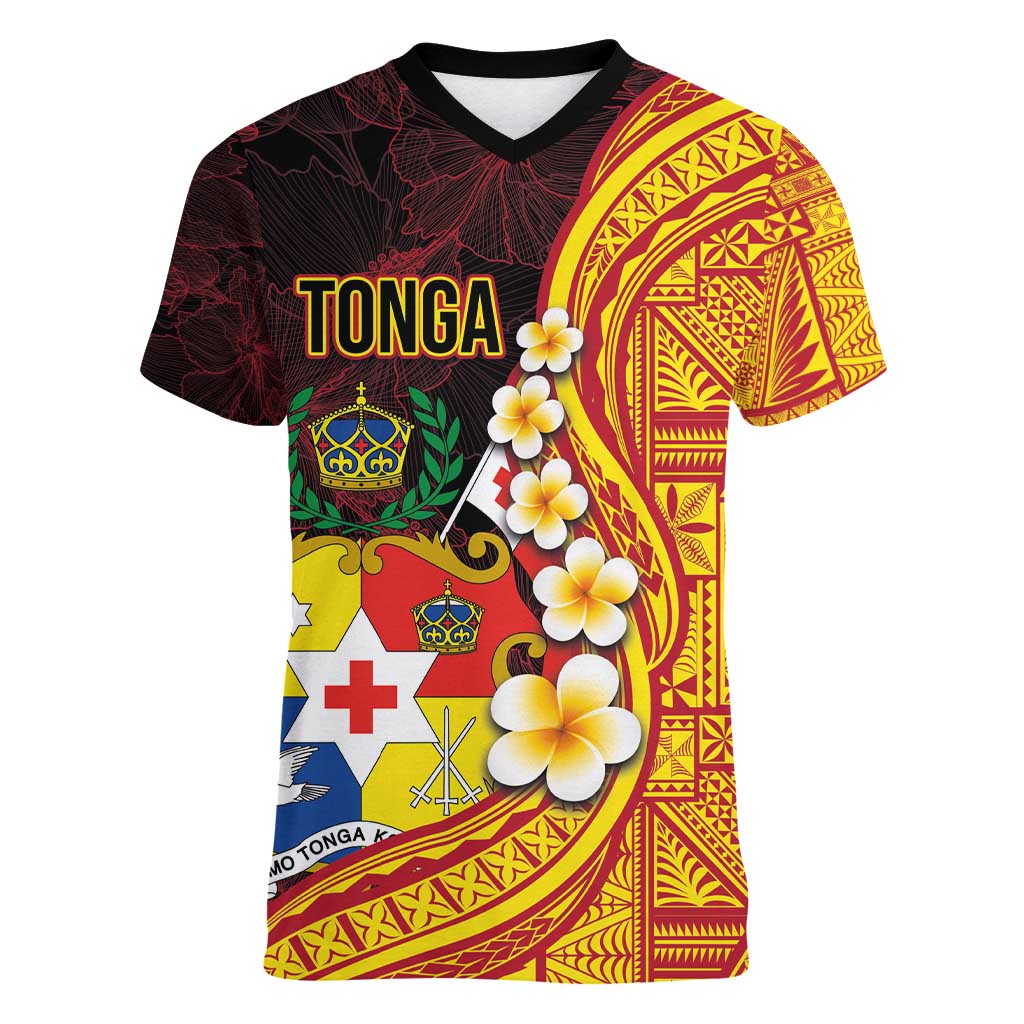Tonga Culture Women V-Neck T-Shirt Ngatu Pattern with Plumeria and Hibiscus LT03 Female Black - Polynesian Pride