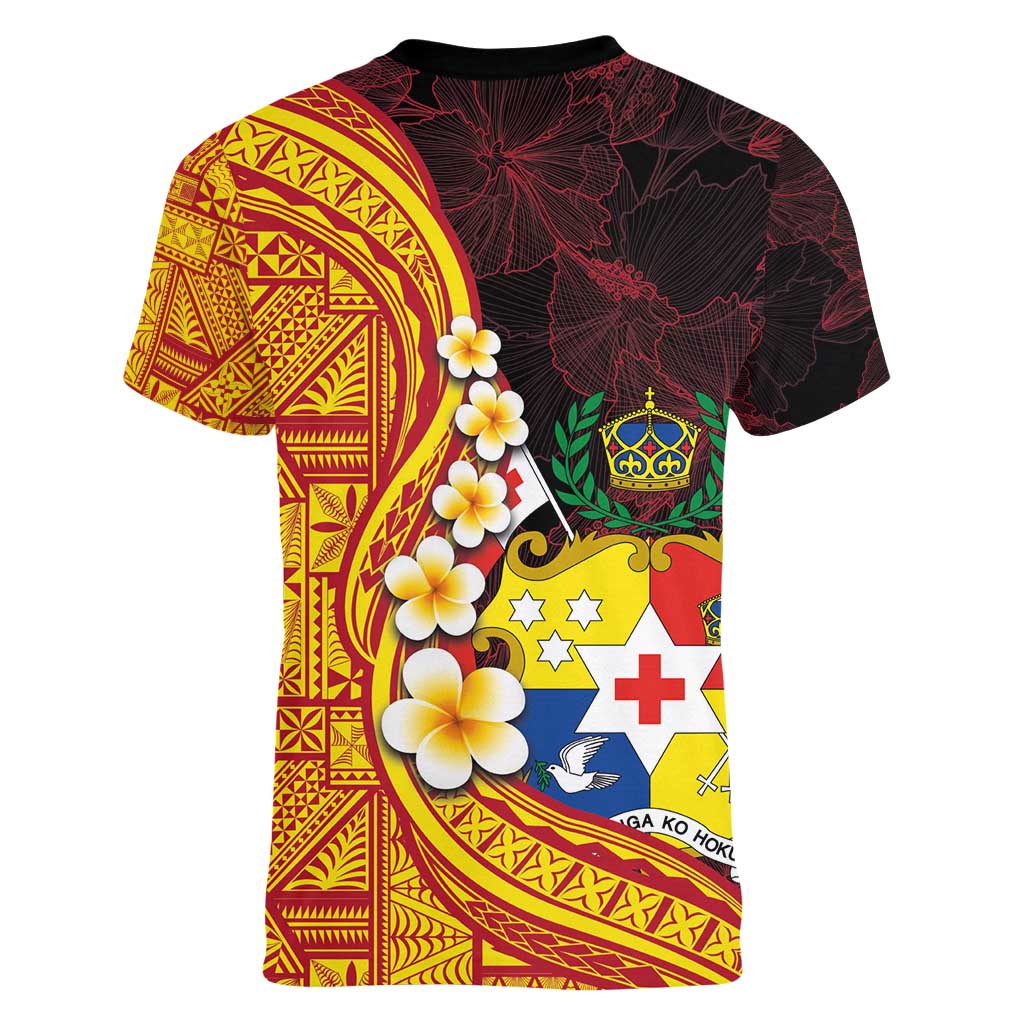 Tonga Culture Women V-Neck T-Shirt Ngatu Pattern with Plumeria and Hibiscus LT03 - Polynesian Pride