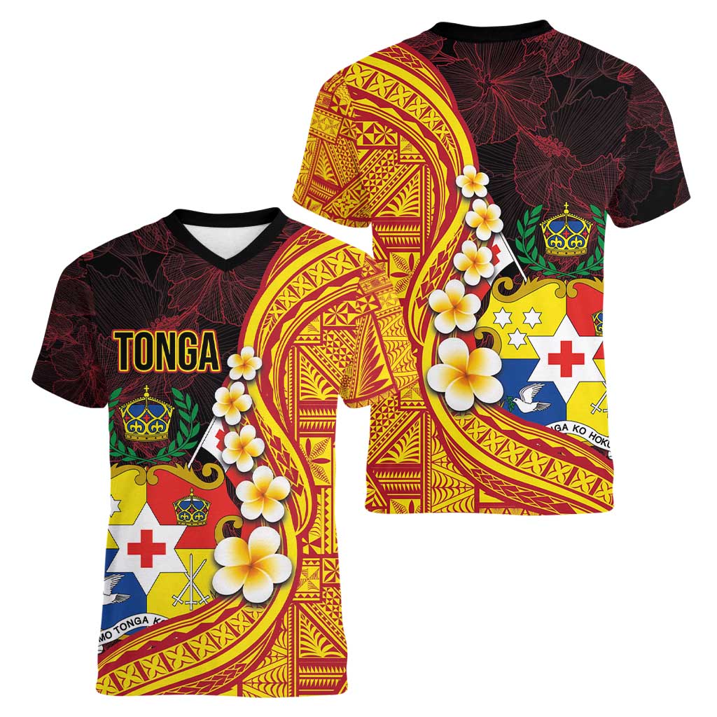Tonga Culture Women V-Neck T-Shirt Ngatu Pattern with Plumeria and Hibiscus LT03 - Polynesian Pride