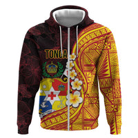 Tonga Culture Zip Hoodie Ngatu Pattern with Plumeria and Hibiscus LT03 Zip Hoodie Black - Polynesian Pride
