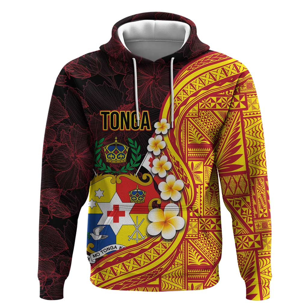 Tonga Culture Zip Hoodie Ngatu Pattern with Plumeria and Hibiscus LT03 Pullover Hoodie Black - Polynesian Pride