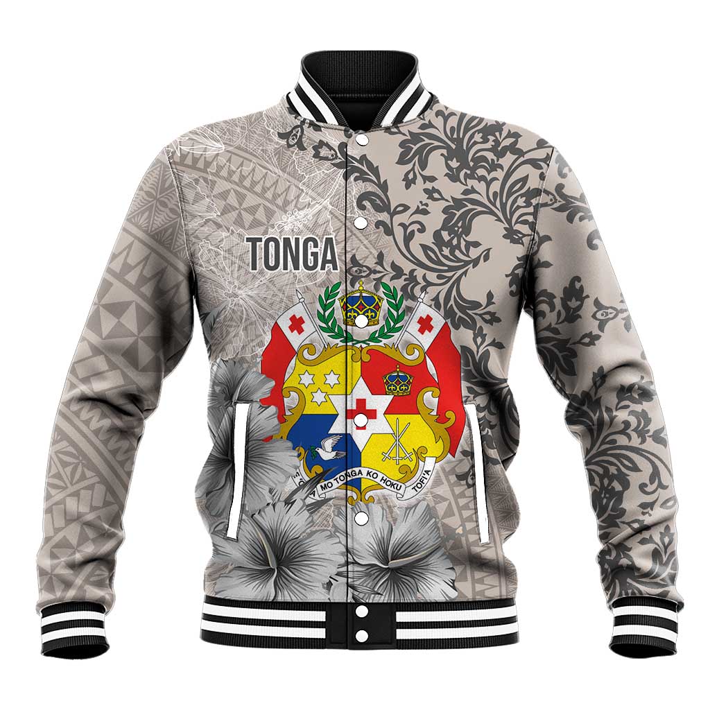 Tonga Culture Baseball Jacket Ngatu Pattern and Blooming Hibiscus LT03 Unisex Light Gray - Polynesian Pride