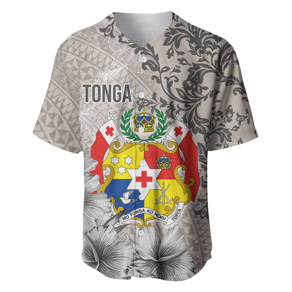 Tonga Culture Baseball Jersey Ngatu Pattern and Blooming Hibiscus LT03 Light Gray - Polynesian Pride