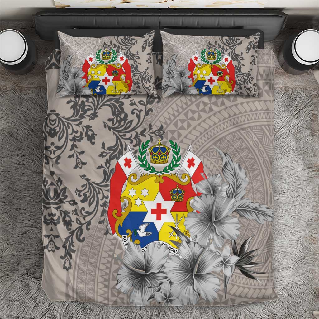 Tonga Culture Bedding Set Ngatu Pattern and Blooming Hibiscus LT03 Light Gray - Polynesian Pride