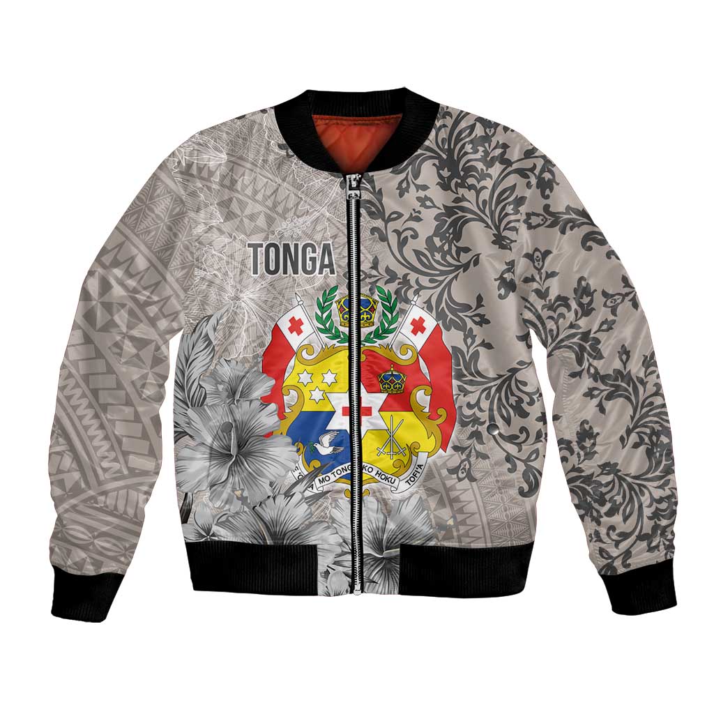 Tonga Culture Bomber Jacket Ngatu Pattern and Blooming Hibiscus LT03 Unisex Light Gray - Polynesian Pride