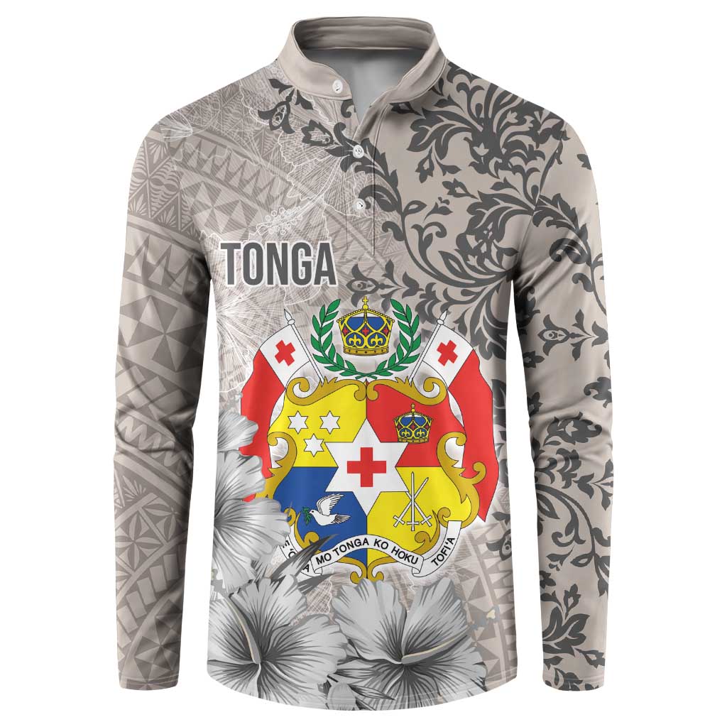 Tonga Culture Button Sweatshirt Ngatu Pattern and Blooming Hibiscus LT03 Light Gray - Polynesian Pride